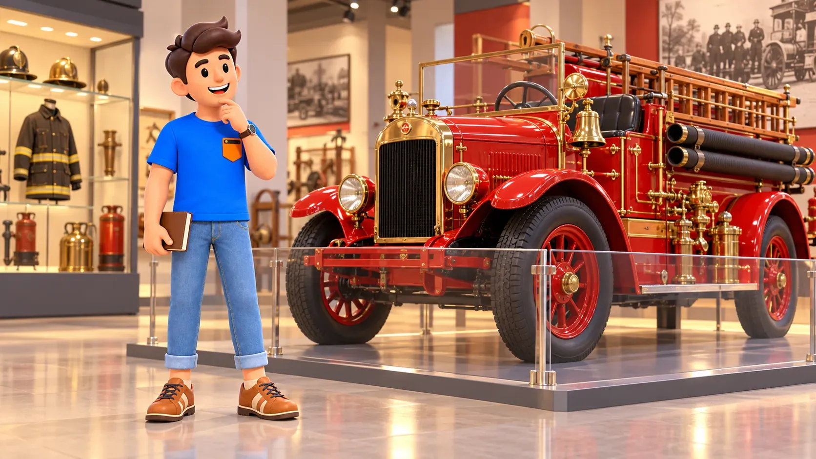 Reisender betrachtet ein historisches Feuerwehrfahrzeug in einer symbolischen Museumsszene.