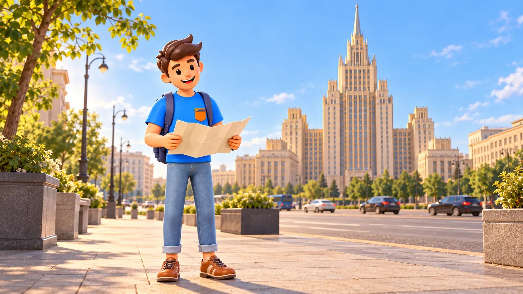 Ein Reisender mit Karte auf dem Gehweg vor einem illustrativen Verwaltungshochhaus, 3D-Illustration
