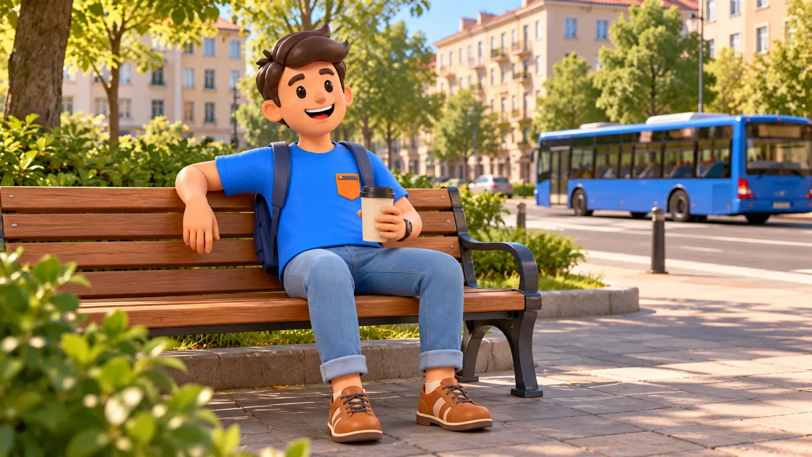 Ein Reisender ruht mit Becher auf einer Bank, illustrativer Stadtbus im Hintergrund, 3D-Illustration