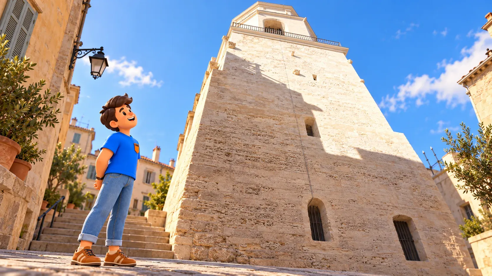 Viajero ilustrado observa el campanario de las Accoules recreado a partir de una fotografía
