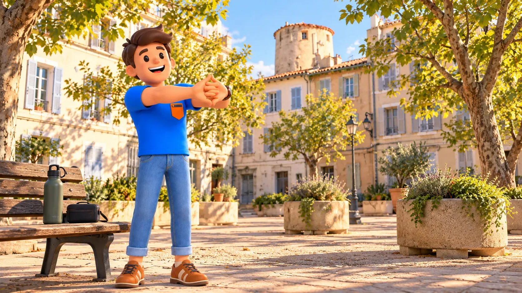 Viajero ilustrado estira los hombros junto a un banco en una plaza inspirada en la plaza des Moulins