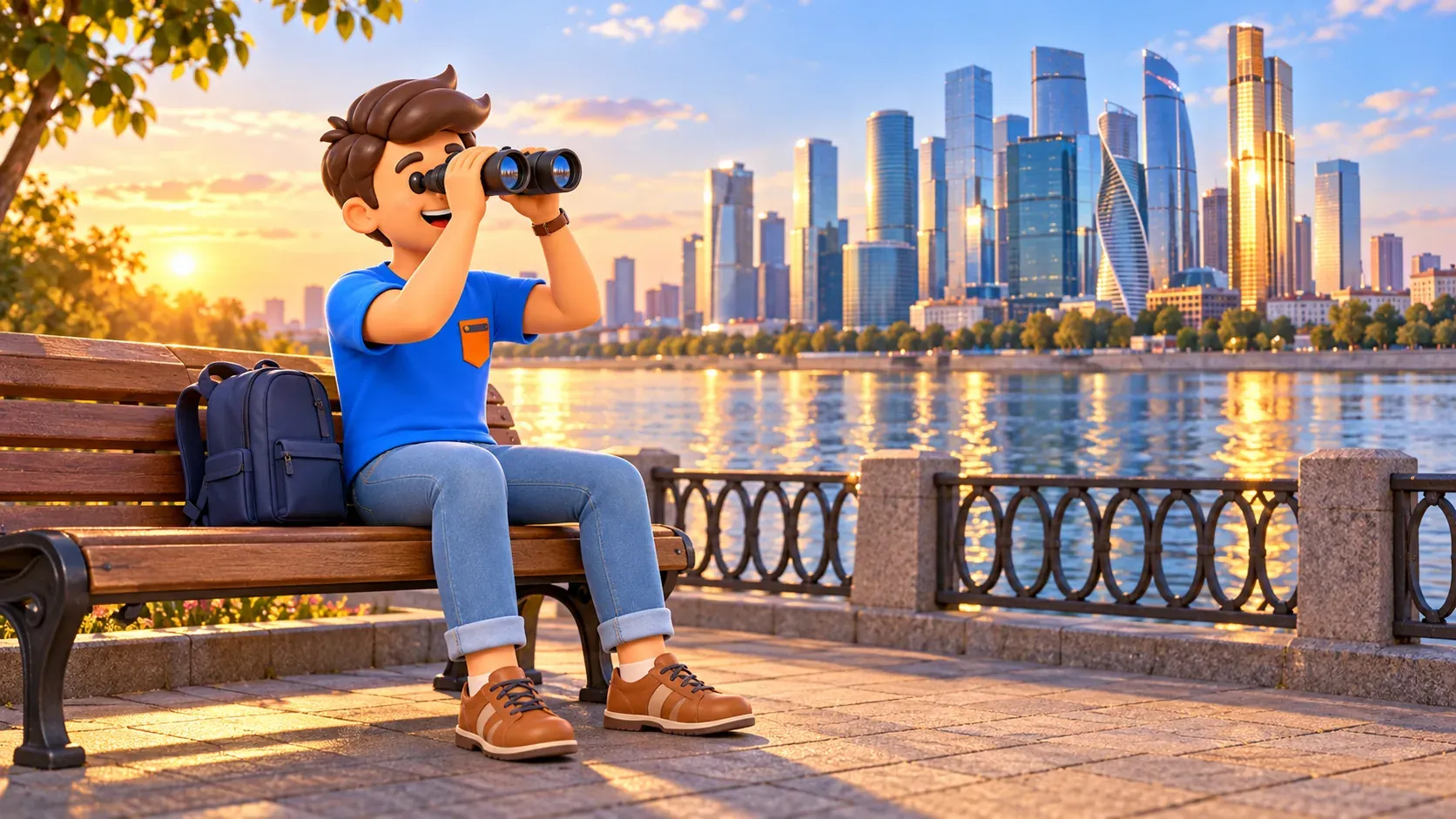 Ein Reisender mit Fernglas sitzt am Fluss gegenüber einer illustrativen Moskau-City-Silhouette, 3D-Illustration