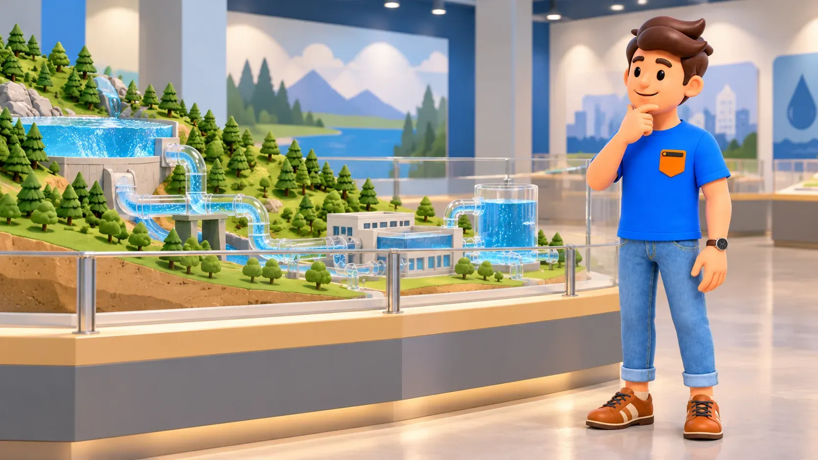 Voyageur regardant une maquette symbolique du trajet de l’eau.