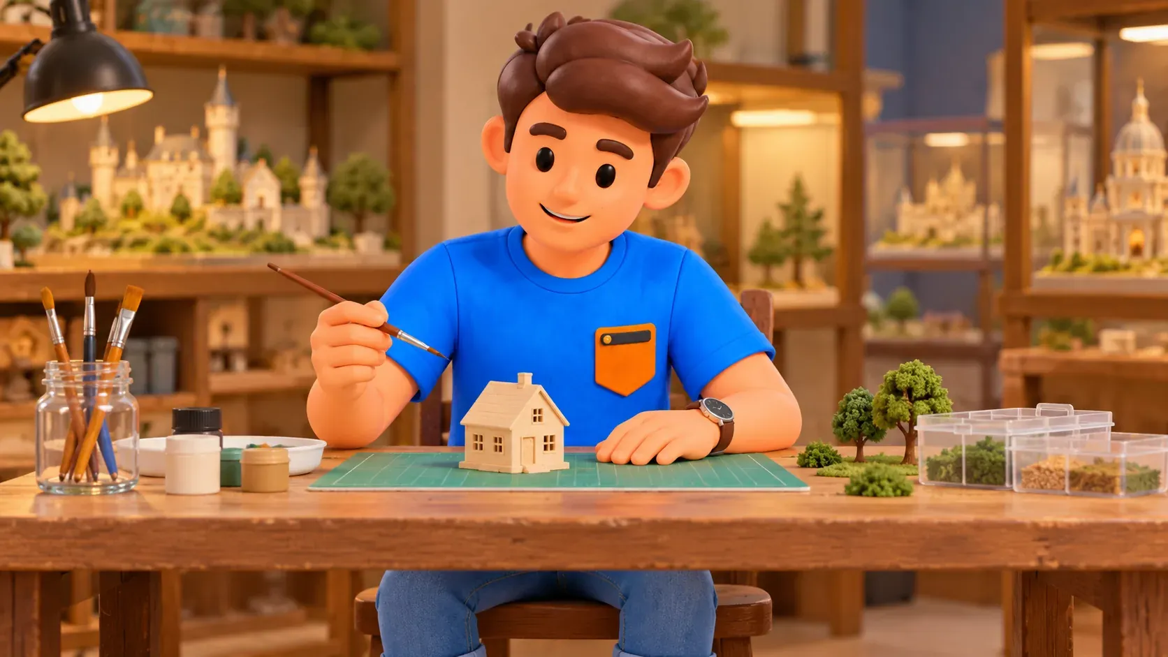 Voyageur étudiant une petite maison sur une table d’atelier.
