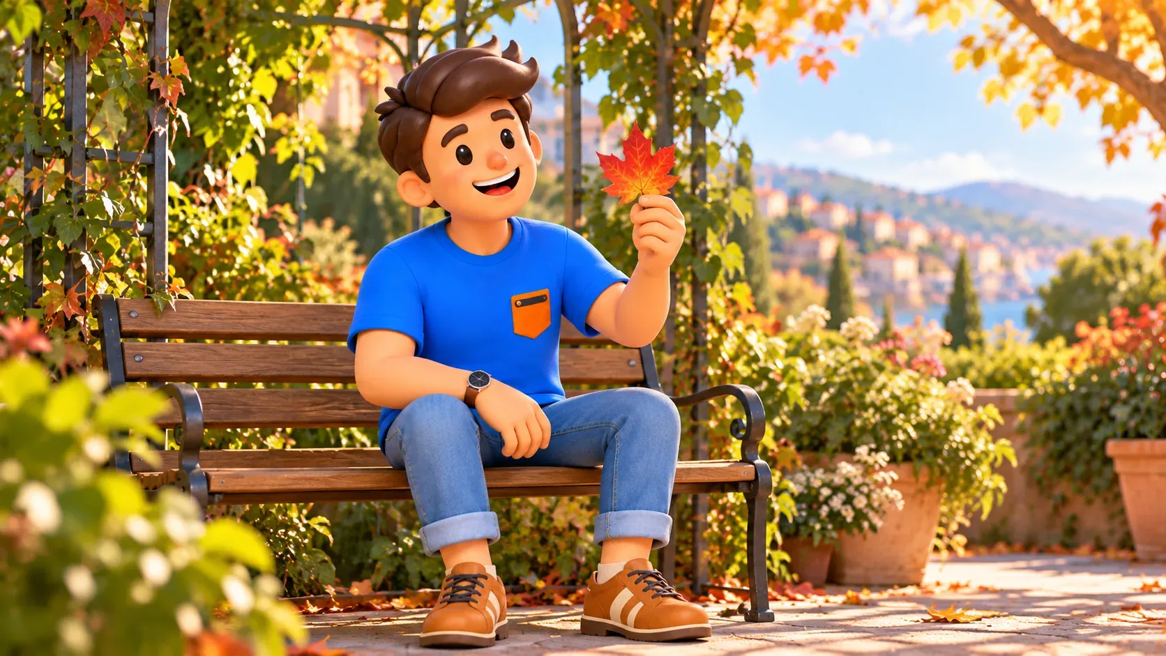 Illustration d’un voyageur regardant une feuille d’automne sur un banc