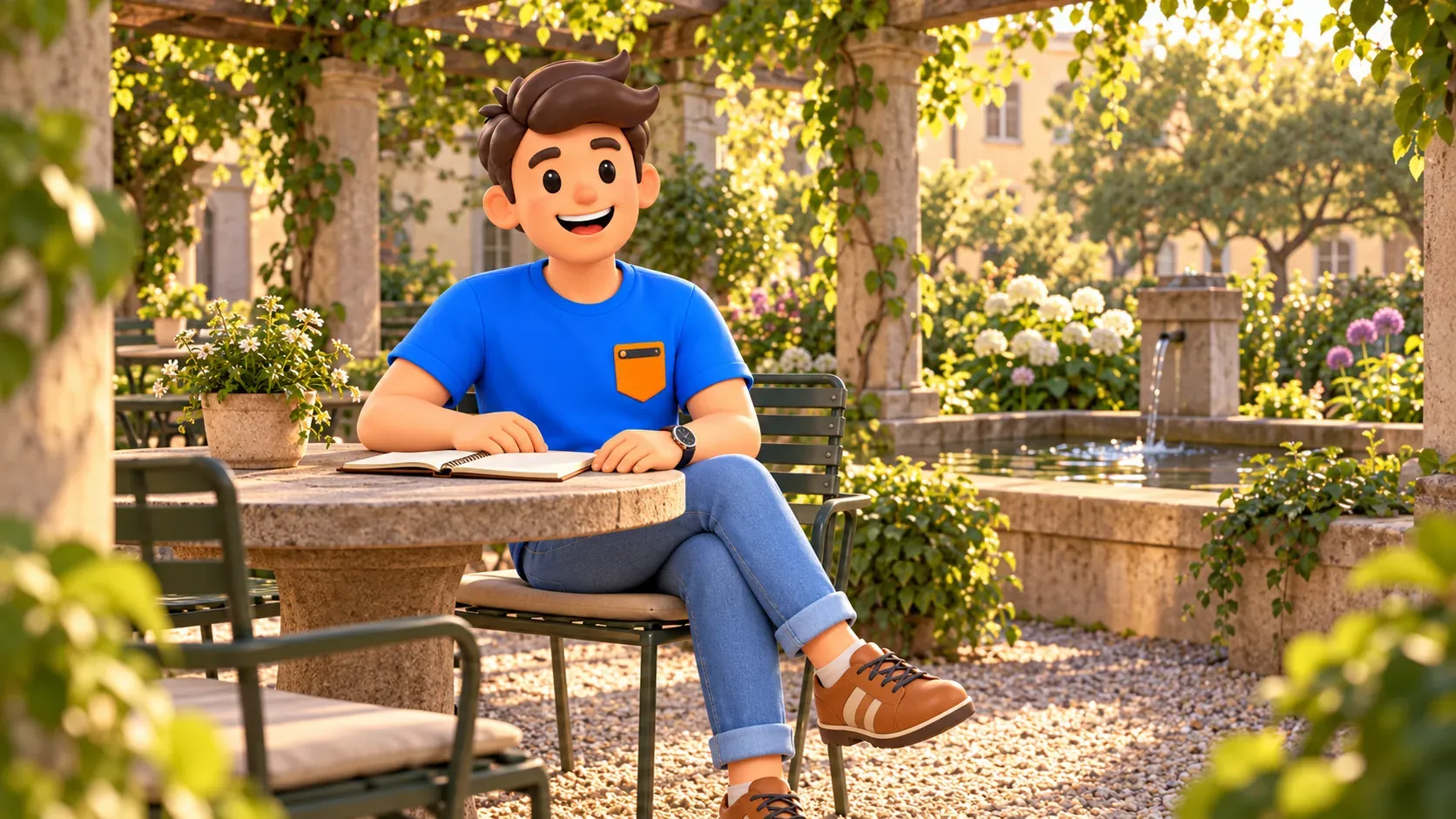 Illustration d’un voyageur sous une pergola près d’un bassin