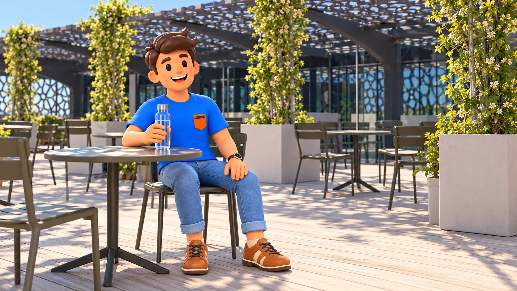 Illustrierter Reisender macht mit Wasserflasche eine Sitzpause auf der nach Fotovorlage gestalteten J4-Terrasse