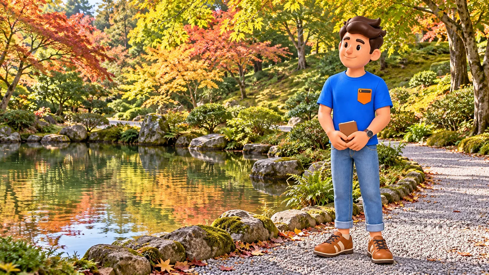 Voyageur près de l’eau dans la partie japonaise inférieure d’un jardin d’automne.