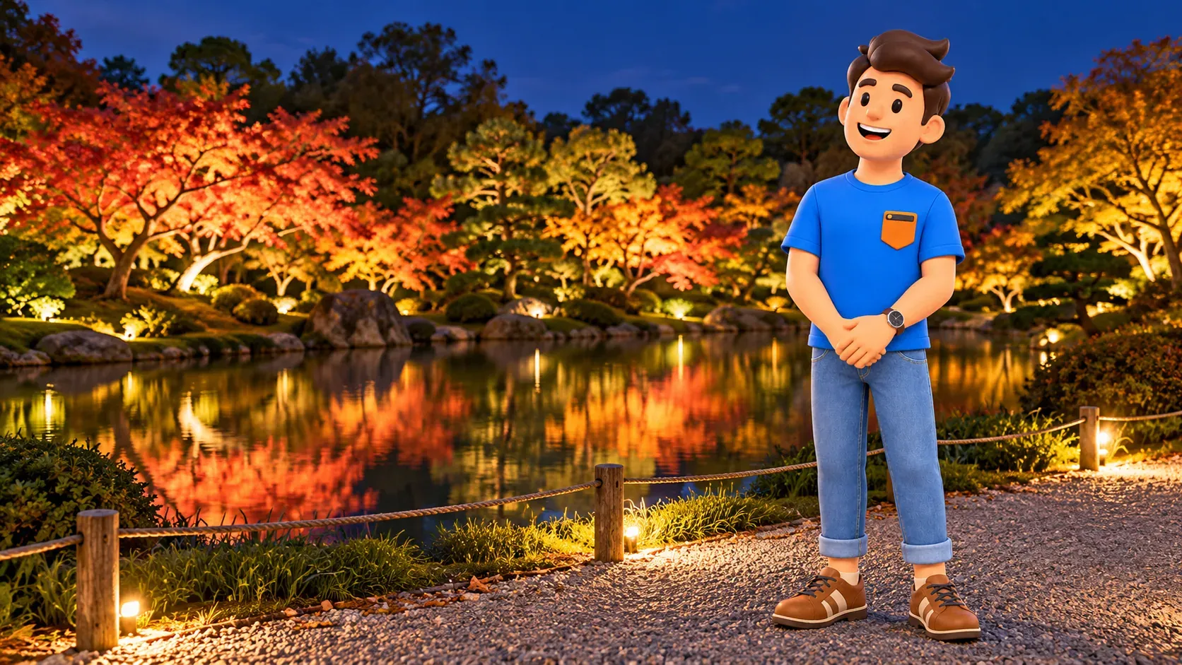 Scène symbolique de jardin d’automne en soirée avec éclairage et reflets.