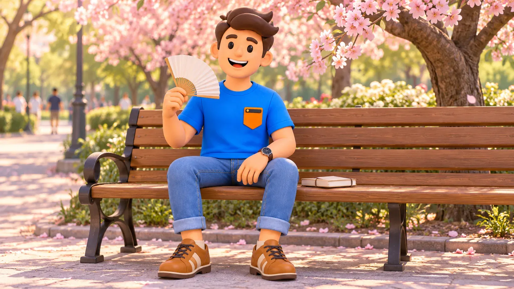Traveler resting with a fan on a bench near cherry blossoms