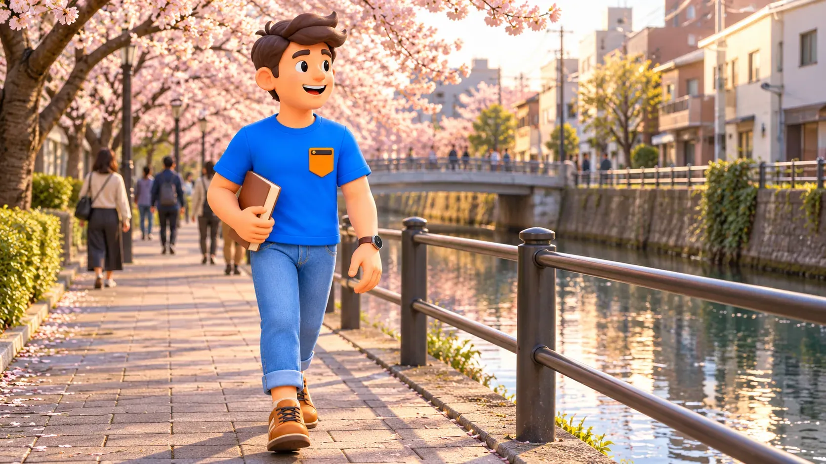 Traveler on an urban waterside path beneath flowering trees