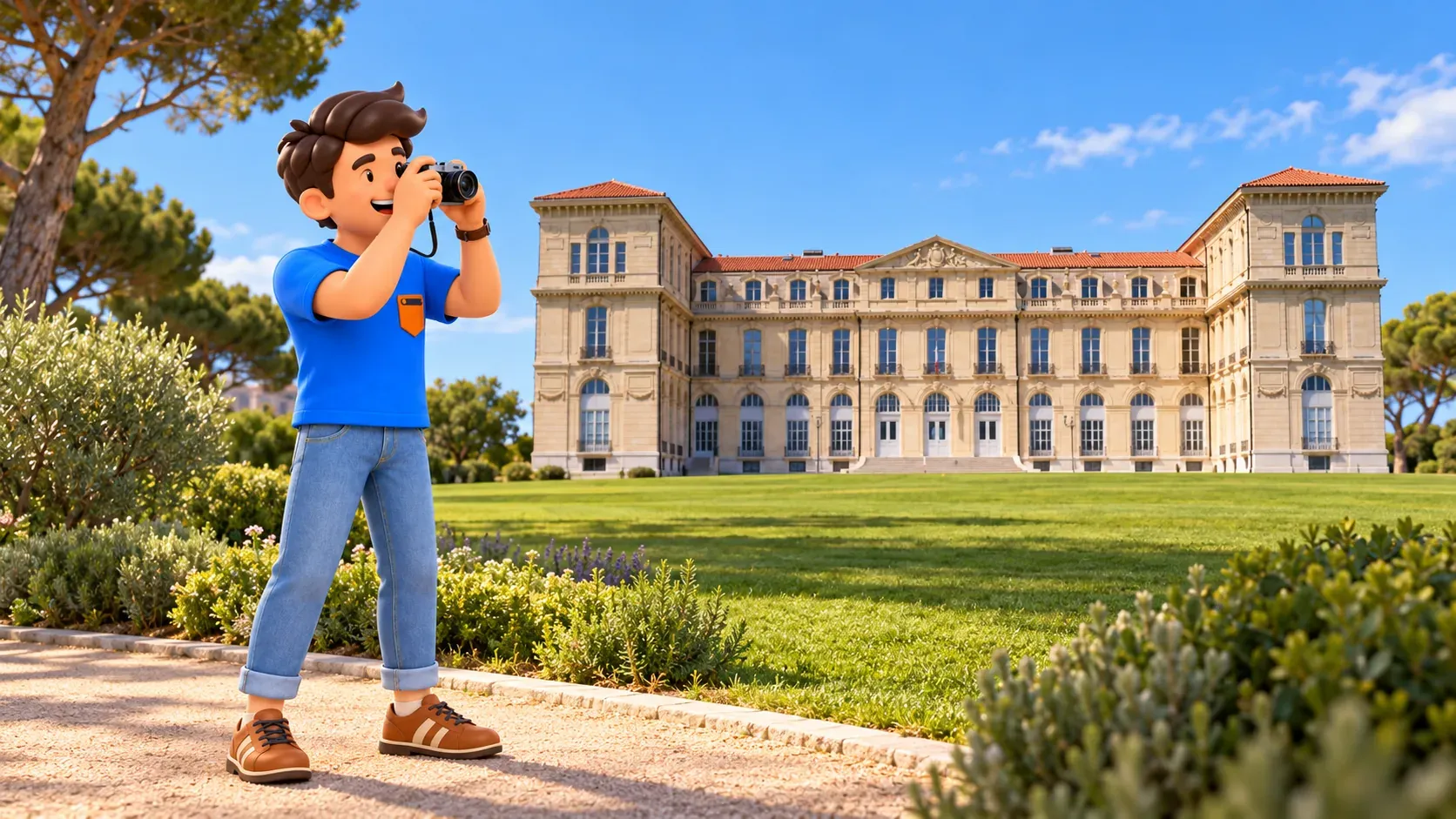 Voyageur illustré avec un appareil photo devant la façade actuelle du Pharo recréée d’après une photographie