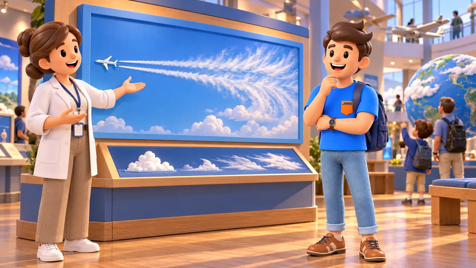 Ein Reisender und eine Führungsperson neben einem Lehrmodell eines Flugzeugs und sich ausbreitender Kondensstreifen.