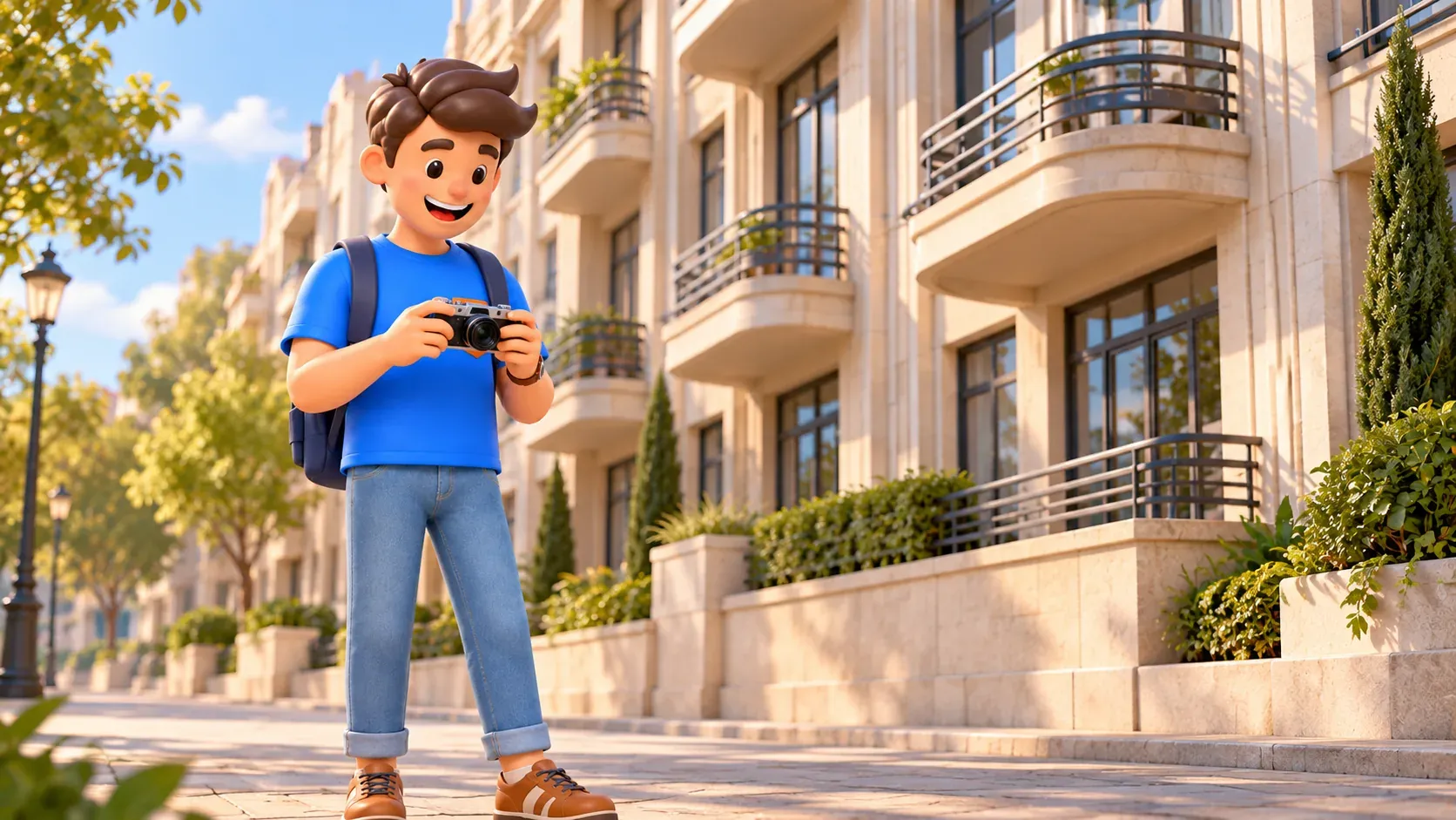 El personaje consulta la cámara después de observar la arquitectura