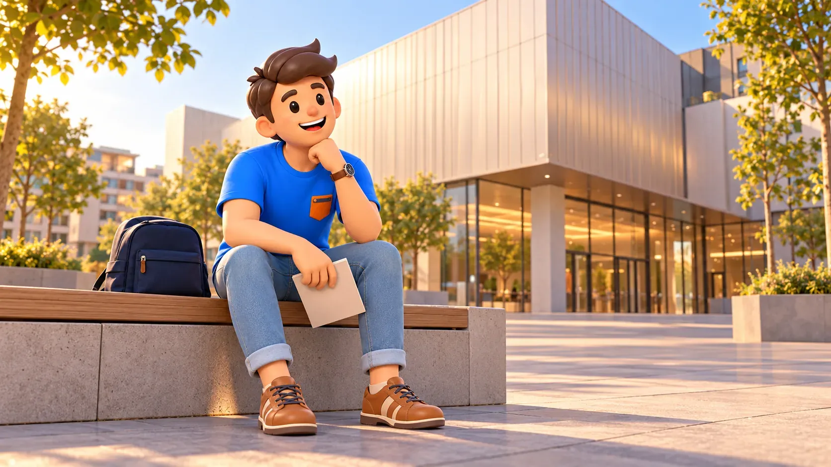El personaje descansa con un programa junto a un teatro contemporáneo