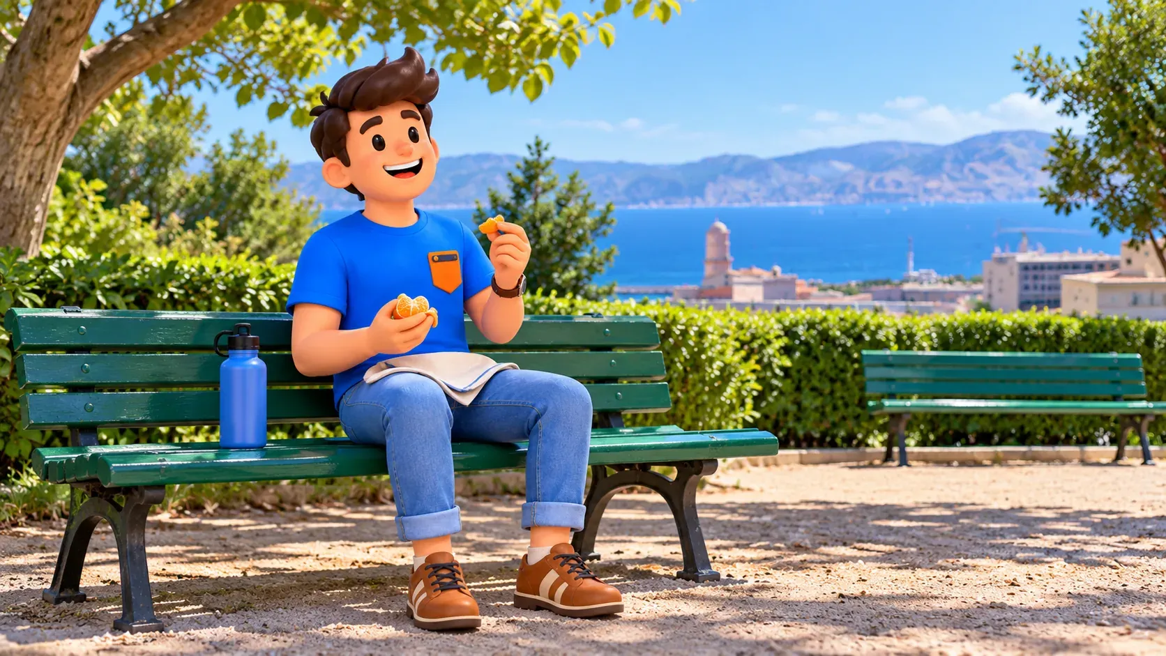 Viajero ilustrado descansa con una mandarina en un banco de un jardín inspirado en la colina Puget