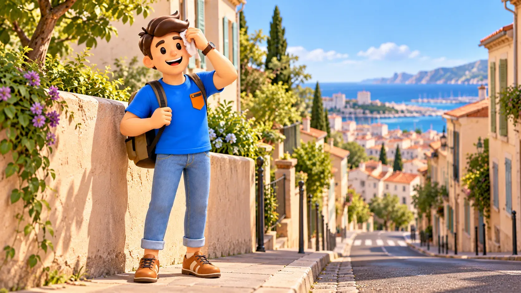 Viajero ilustrado con un pañuelo se detiene en una acera llana de una calle en pendiente inspirada en Marsella