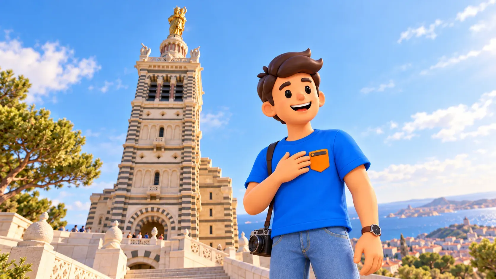 Viajero ilustrado contempla la fachada y la torre de Notre-Dame de la Garde recreadas a partir de una fotografía