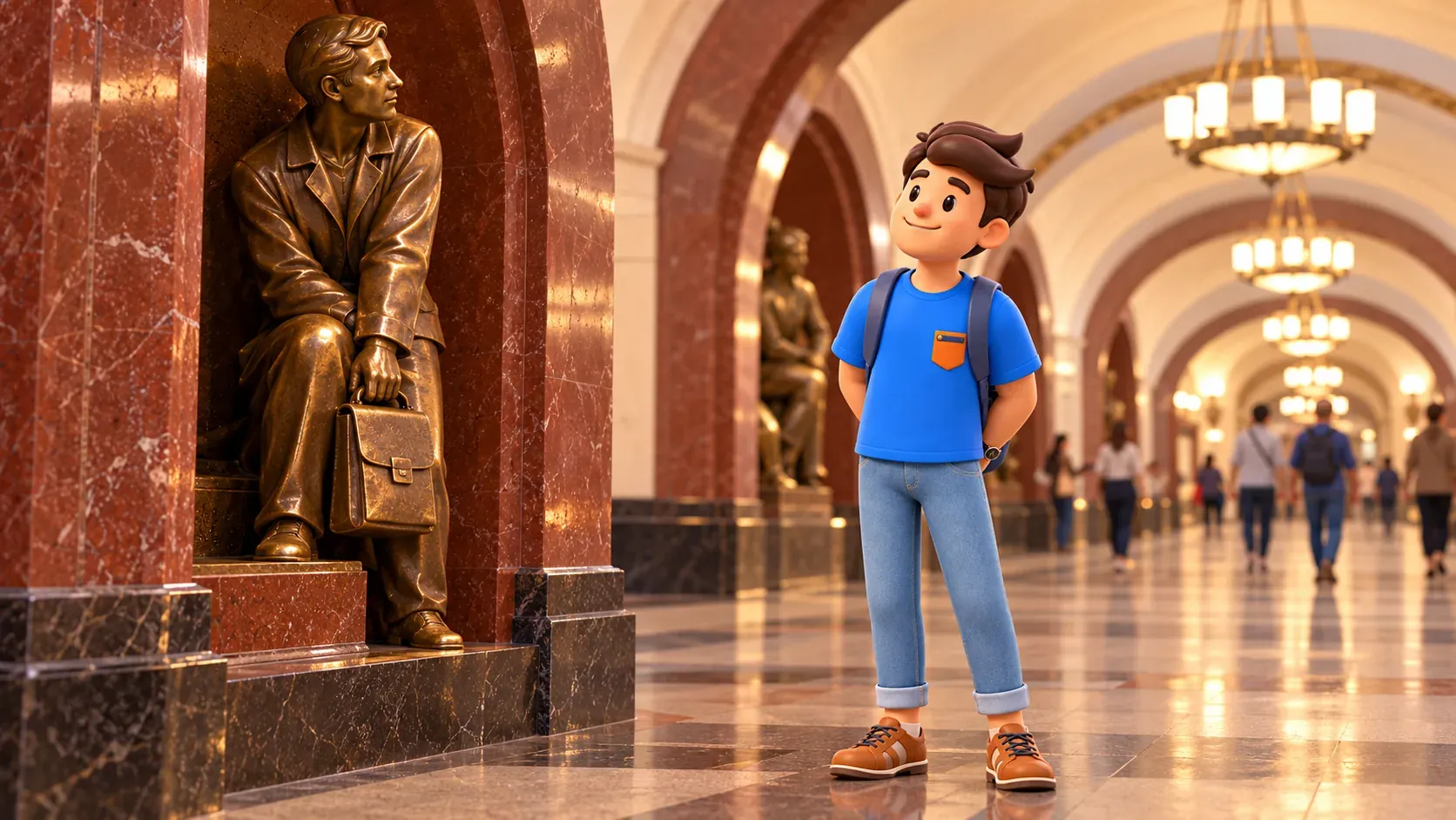 A traveler observes an original illustrative bronze figure in a niche without touching, 3D illustration