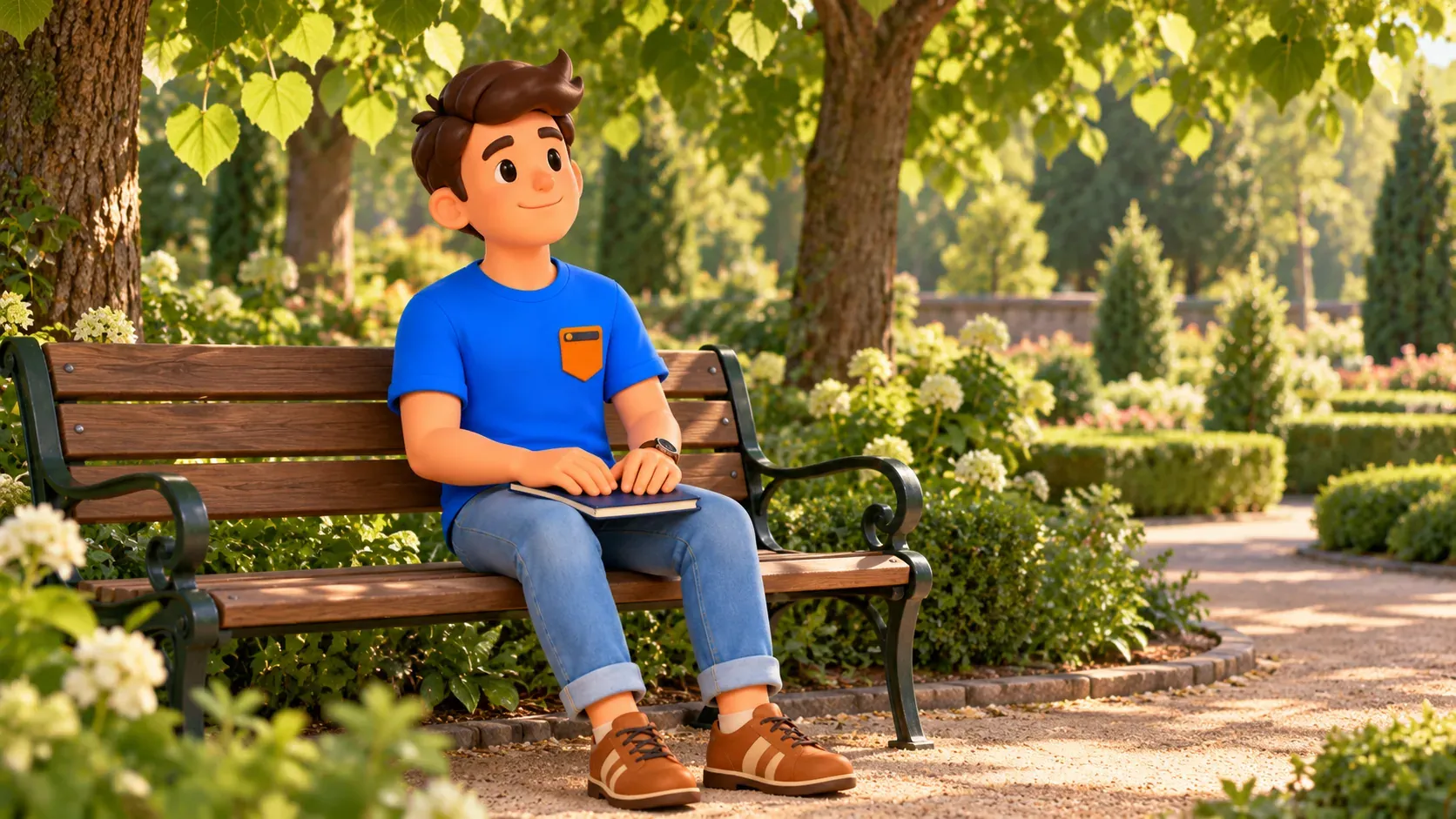Illustration of a traveller resting in a quiet garden