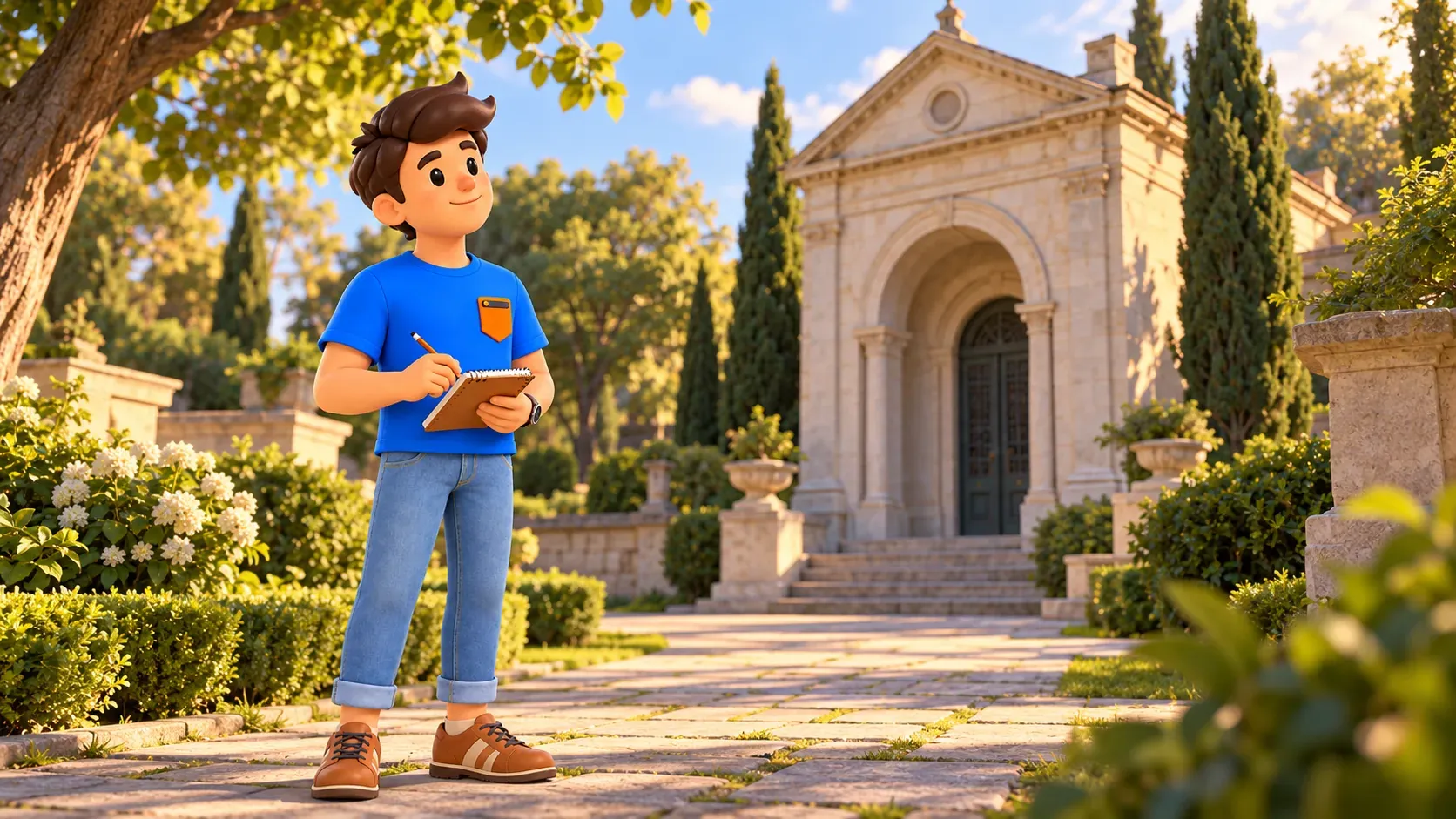 Illustration of a traveller viewing an imagined ceremonial building from outside