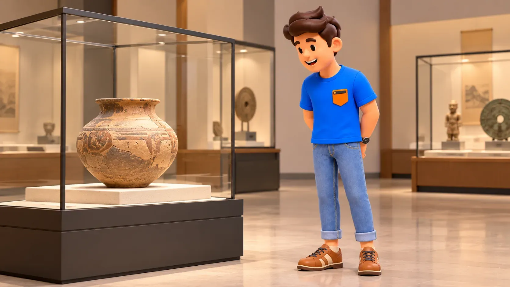 Reisender betrachtet ein Keramikgefäß in einer symbolischen Museumsszene.