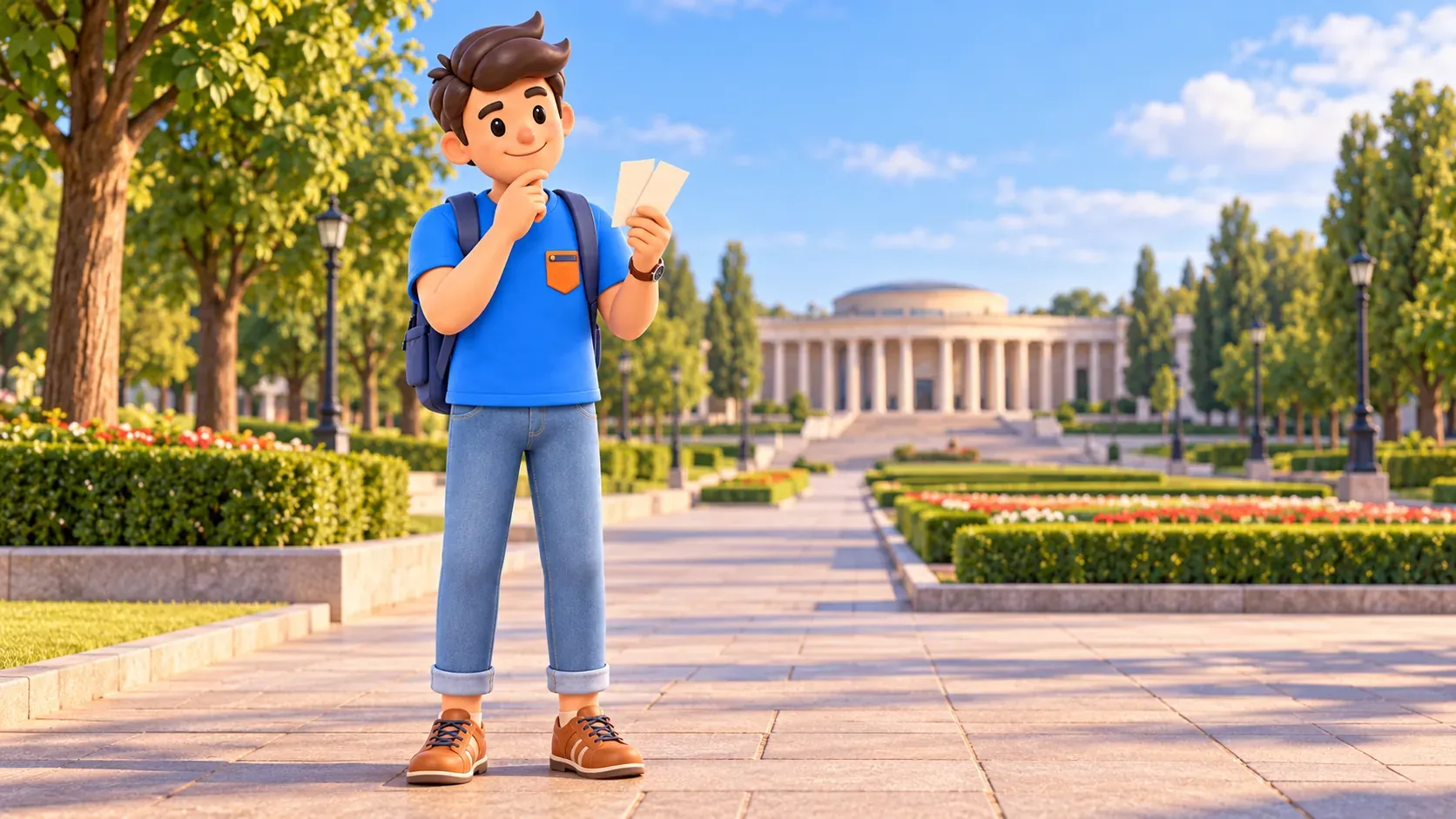 A traveler studies blank cards near an illustrative museum building, 3D illustration