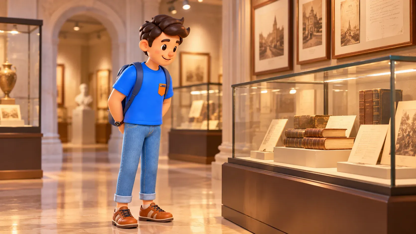 A traveler studies a generic historical display with books and letters, 3D illustration