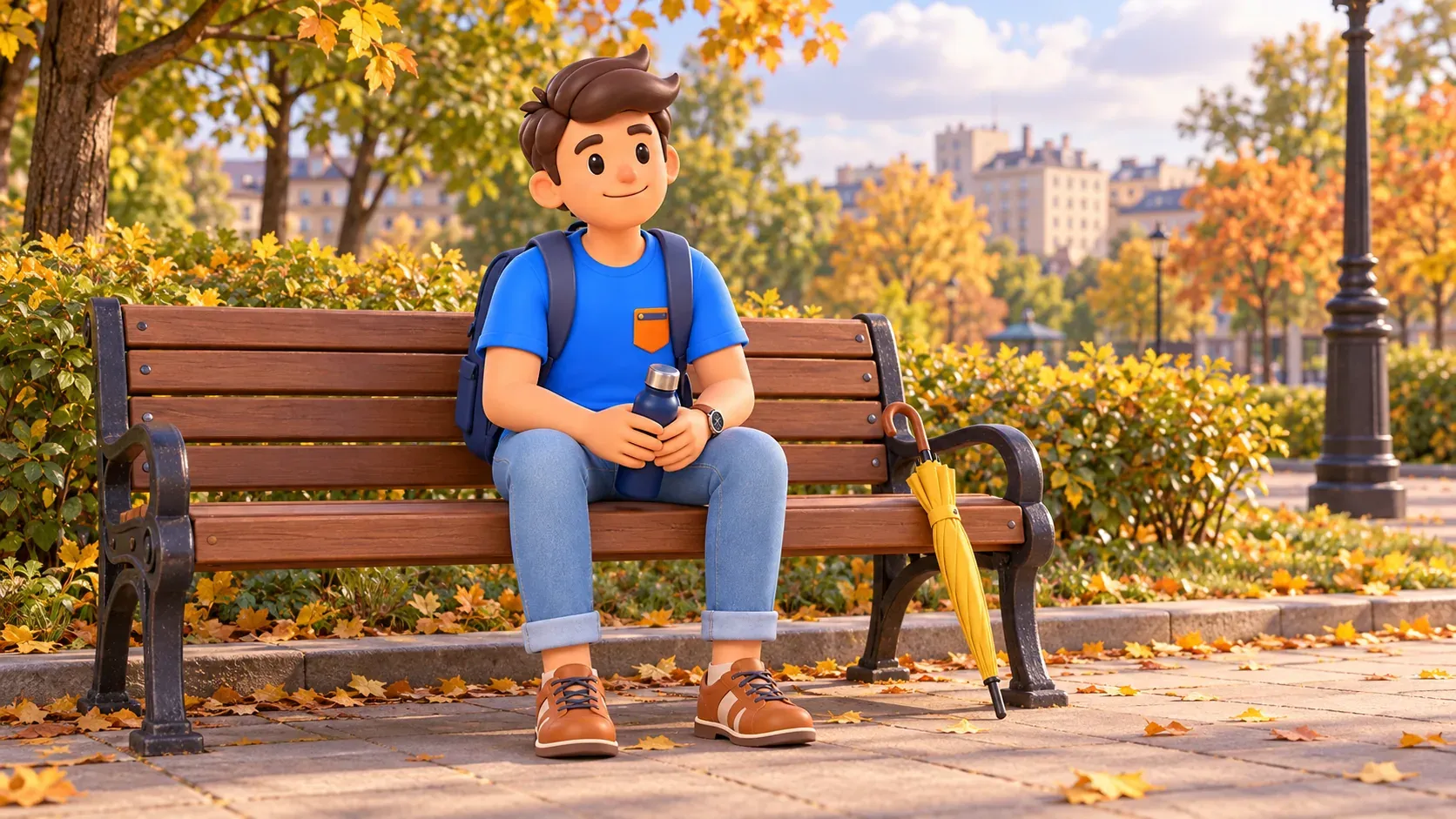 A traveler rests with a closed water bottle on a bench beside an umbrella, 3D illustration