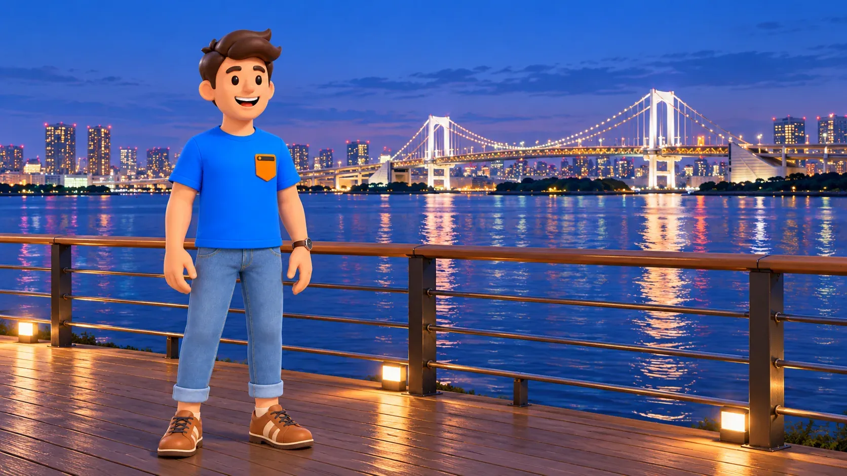 Voyageur sur le front de mer d’Odaiba face à la baie et au Rainbow Bridge.