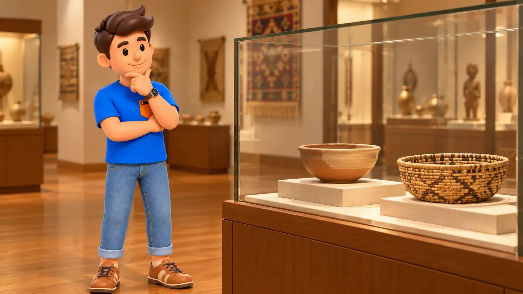 Traveler studying a ceramic bowl and woven basket in a display case