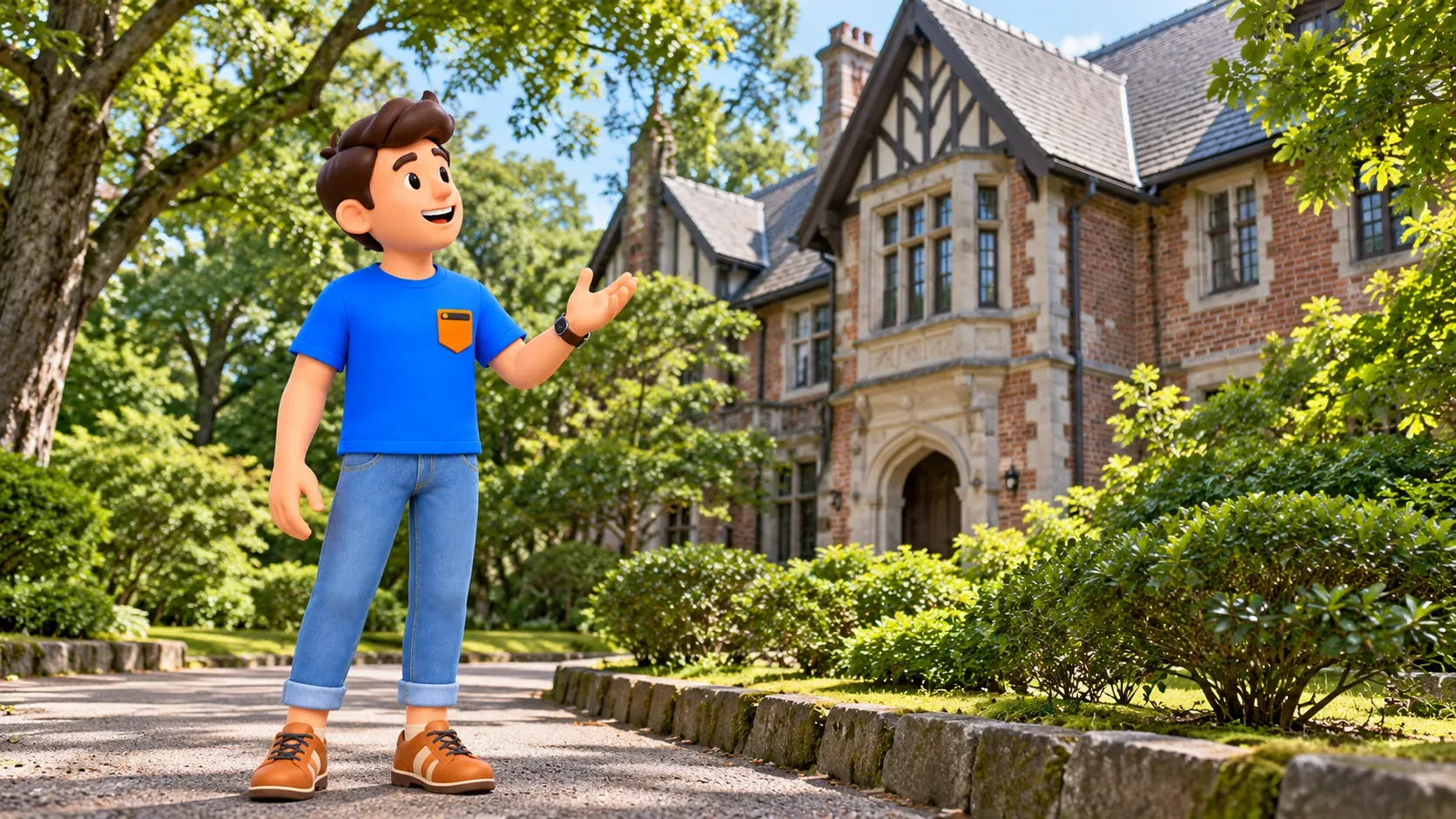 Traveler near a historic brick mansion among trees