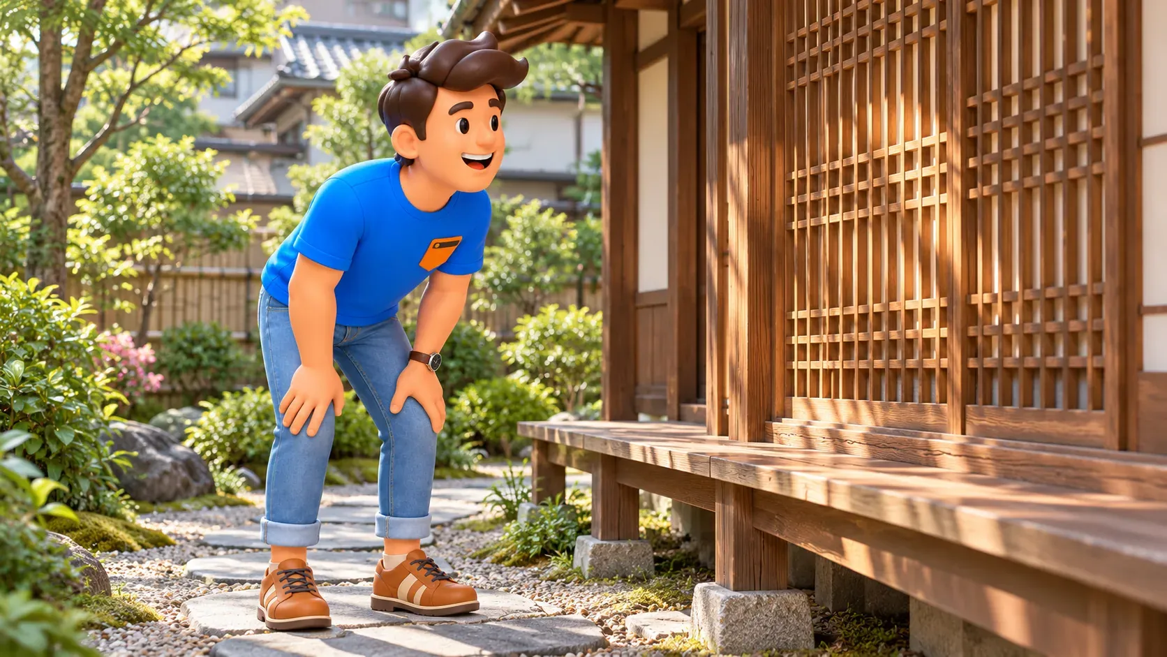 Traveler examining a wooden window lattice from a garden path