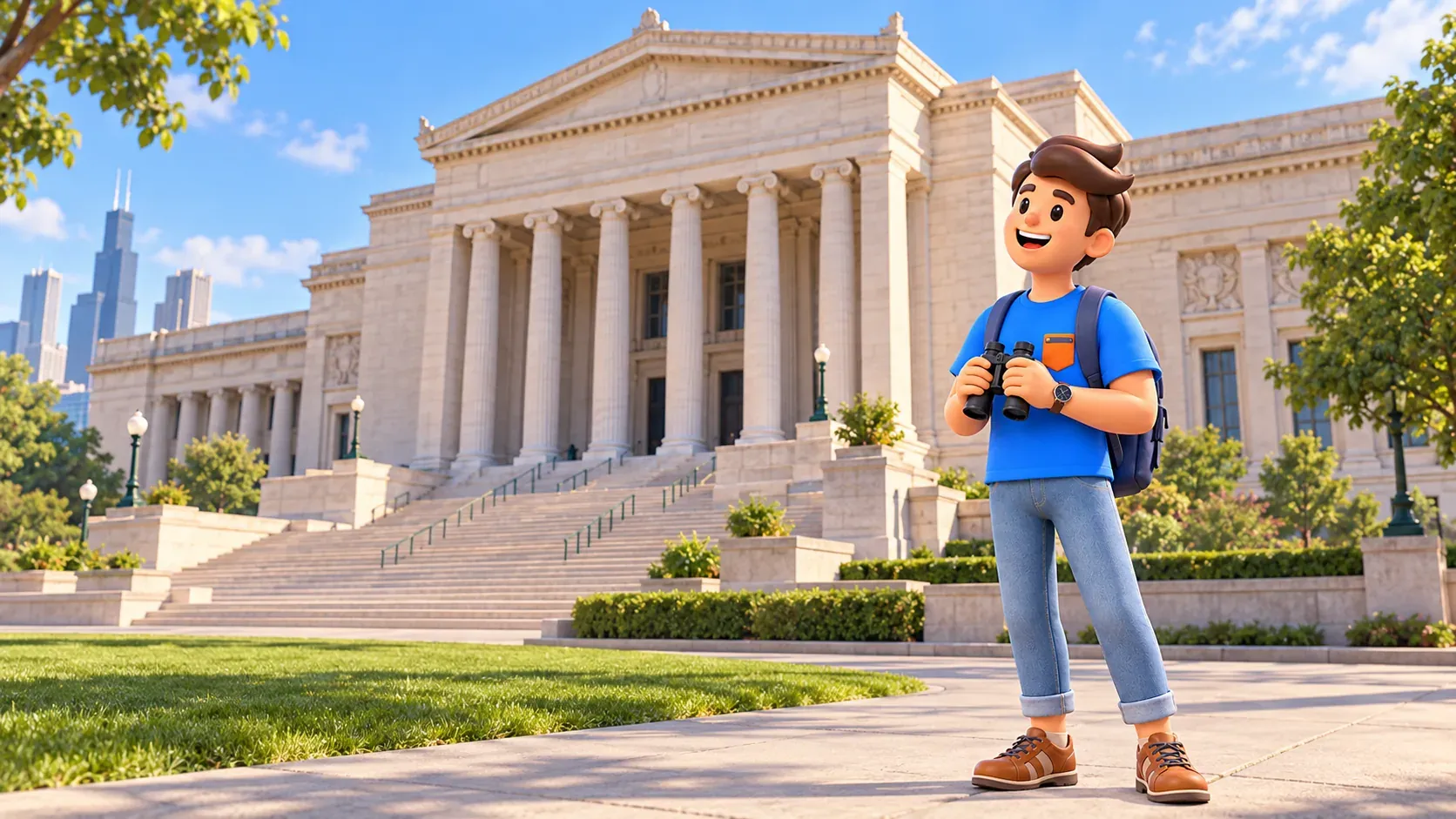 Voyageur avec des jumelles devant la colonnade du Field Museum.