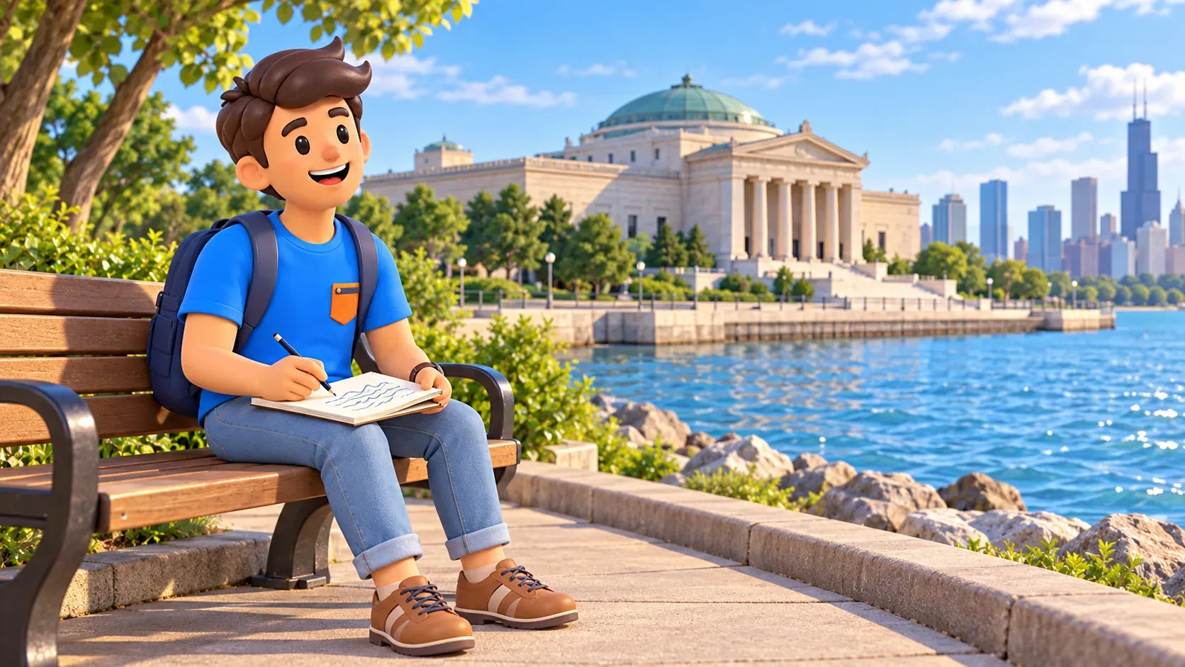 Voyageur dessinant l’eau depuis un banc face au Shedd Aquarium.
