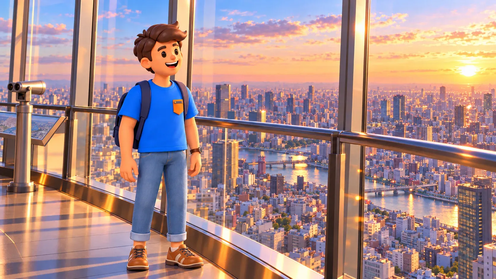 Viajero en una galería cerrada ante el panorama urbano