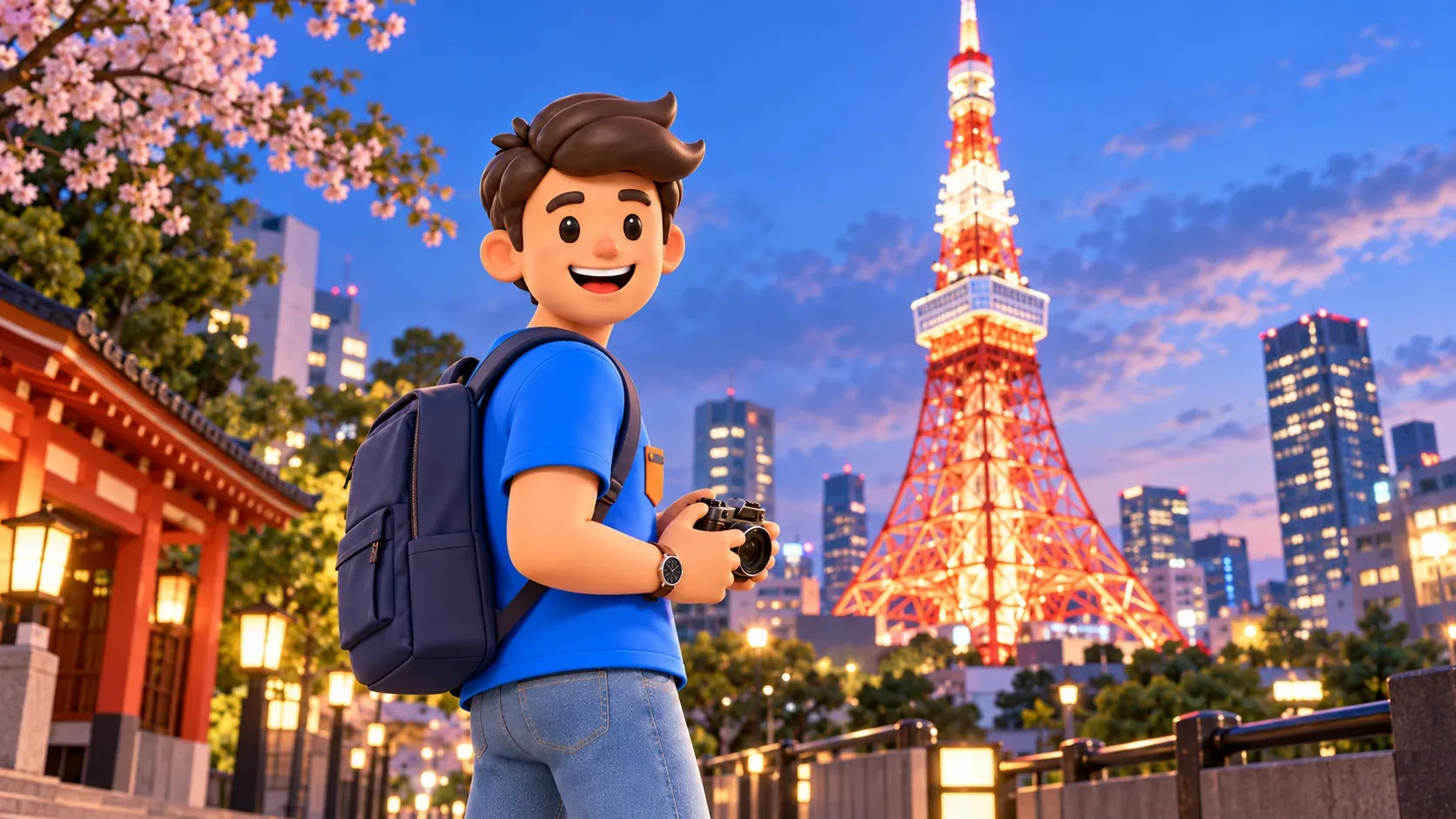 Viajero con cámara junto a Tokyo Tower iluminada