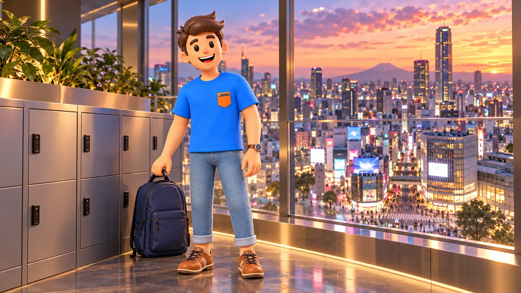 Viajero con mochila junto a las taquillas interiores