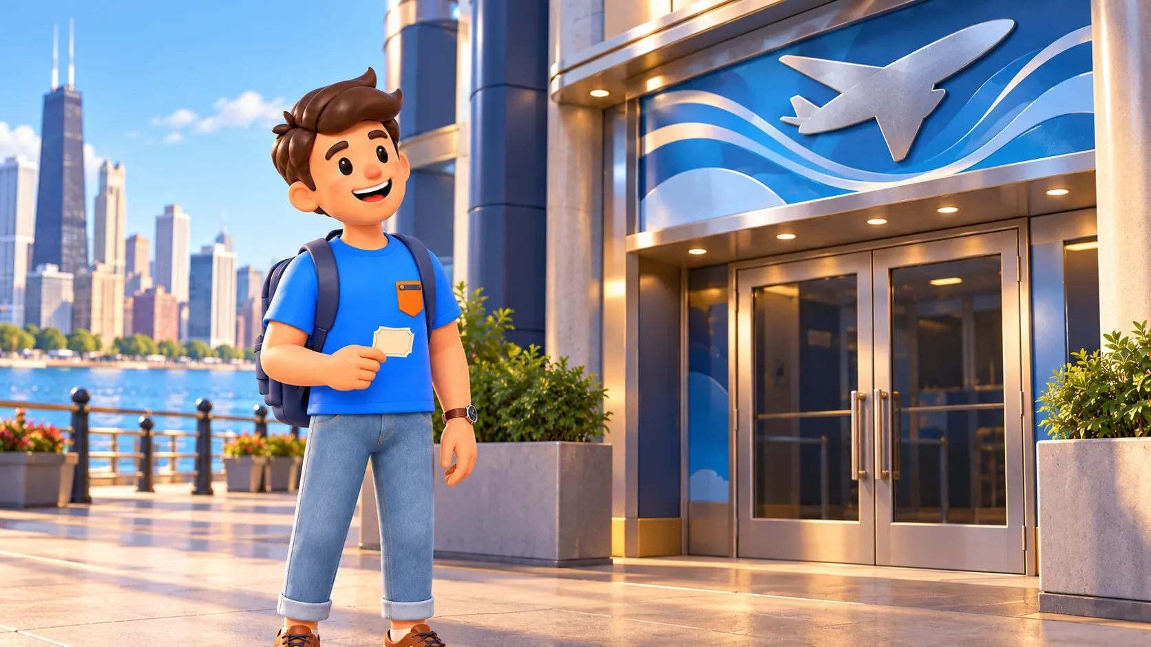 Viajero con un billete simbólico ante una entrada imaginaria a un cine de vuelo.