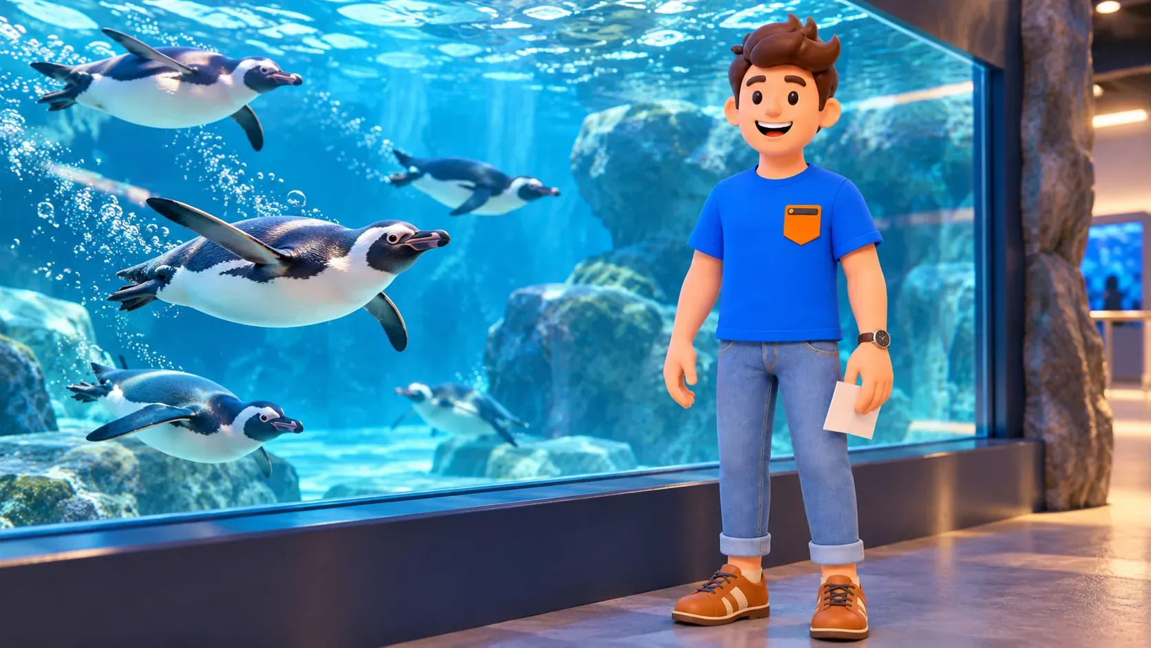 Viajero con un papel junto a pingüinos nadando detrás del cristal
