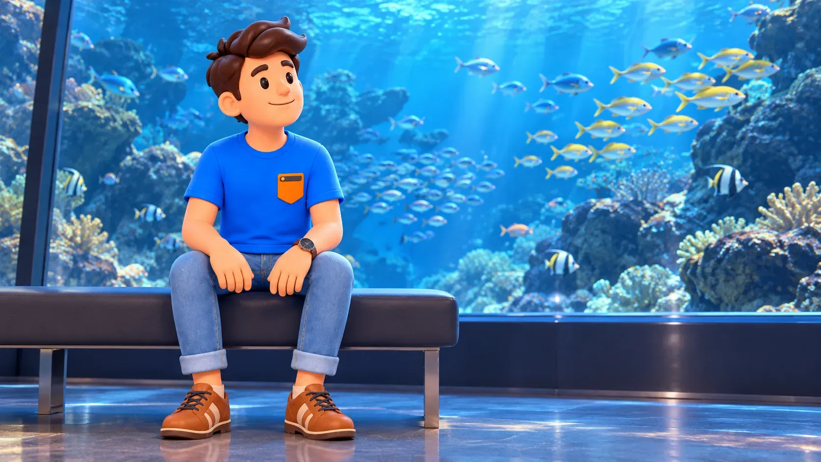 Viajero descansando en un banco ante un gran acuario