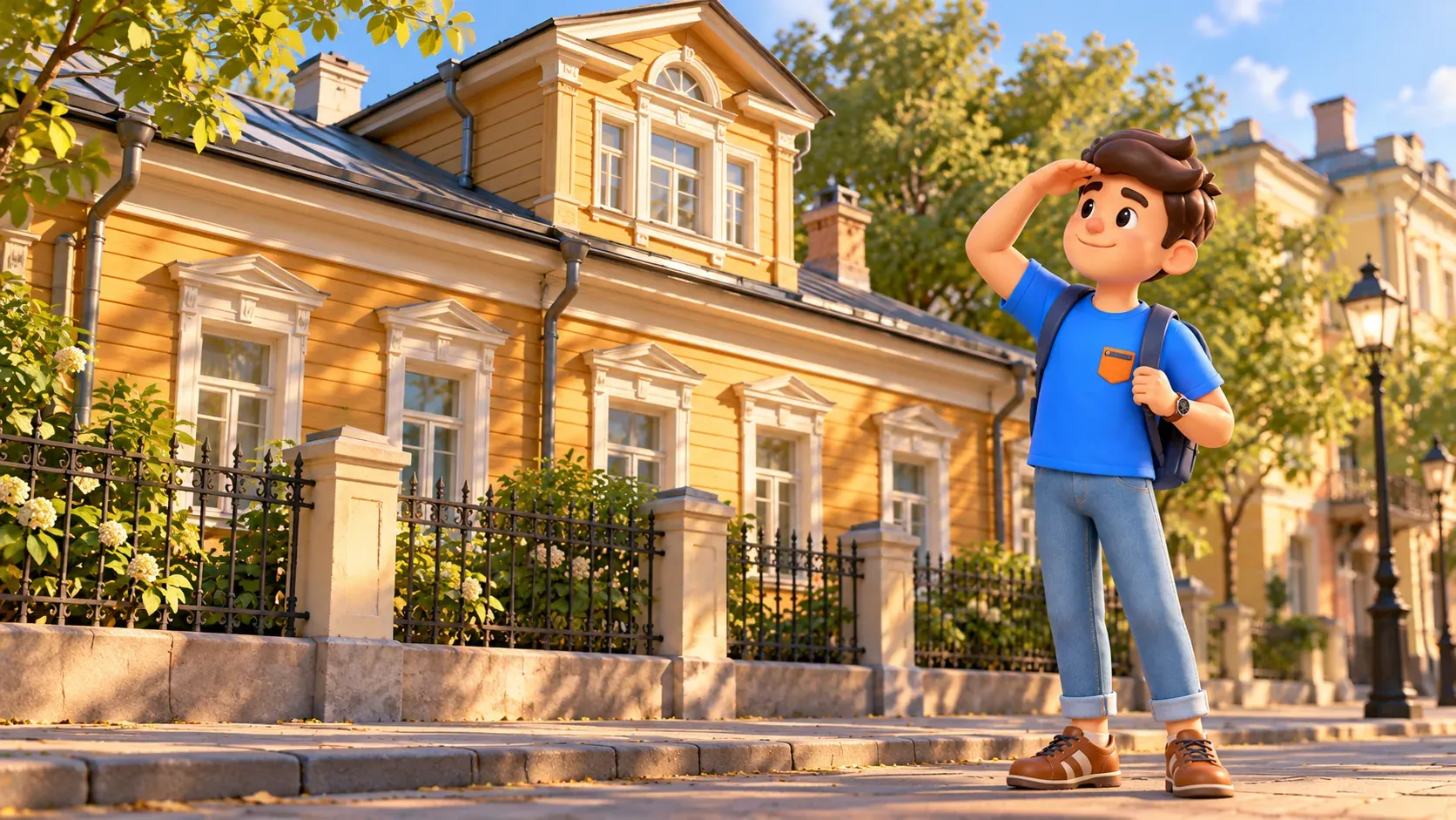 Un viajero observa una pequeña casa histórica ilustrativa con entreplanta, ilustración 3D