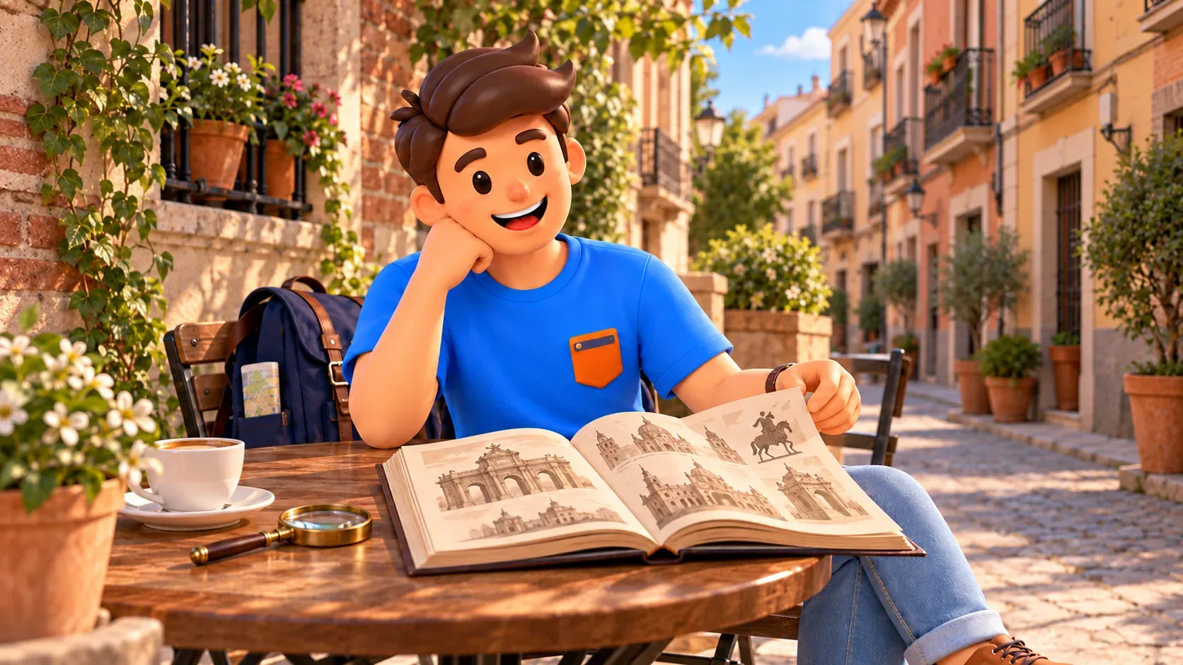 Ilustración de un viajero mirando un libro con dibujos de la ciudad