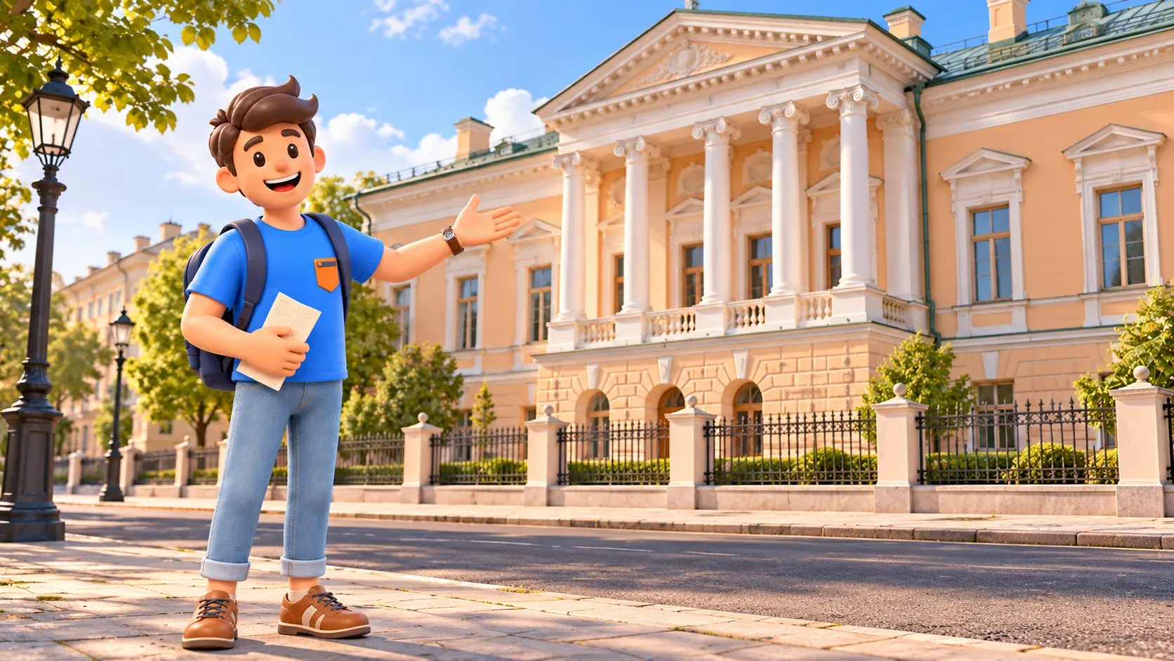 Un viajero con folleto señala una fachada clásica de finca estilizada, ilustración 3D