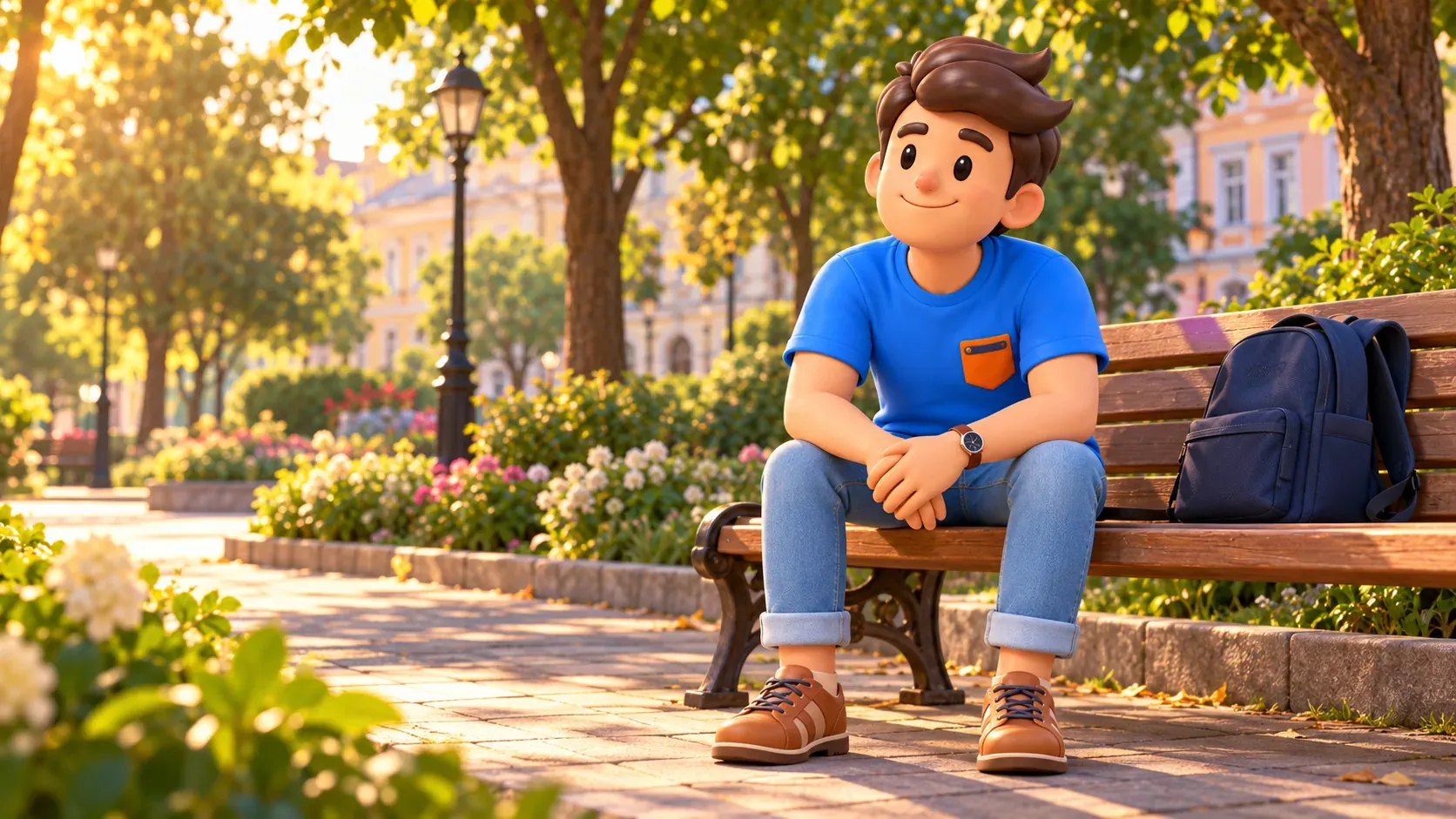 Un viajero con manos juntas descansa en un banco de un jardín urbano ilustrativo, ilustración 3D
