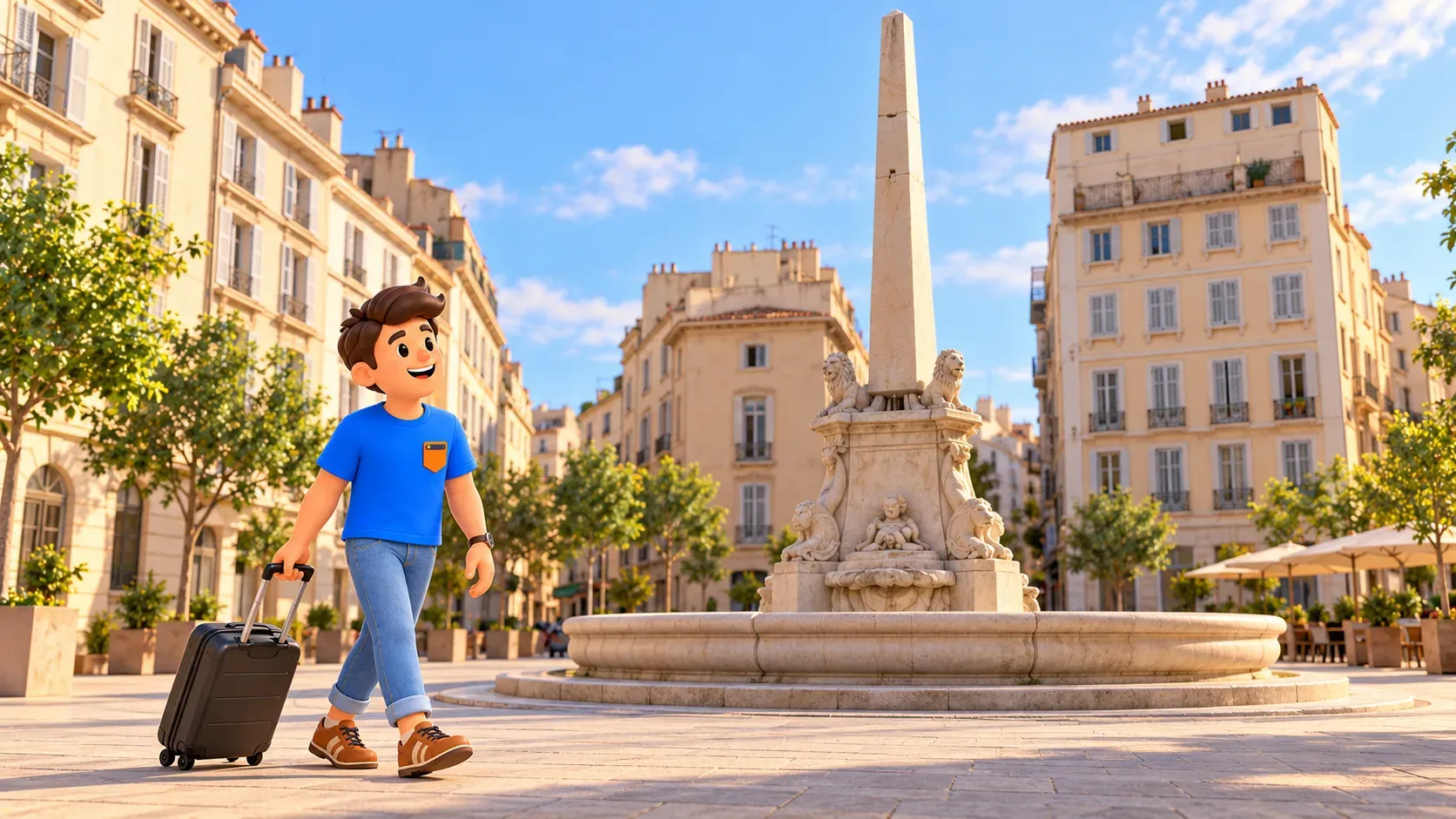 Illustrated traveller with a small suitcase walking beside the photo-inspired Fossati fountain