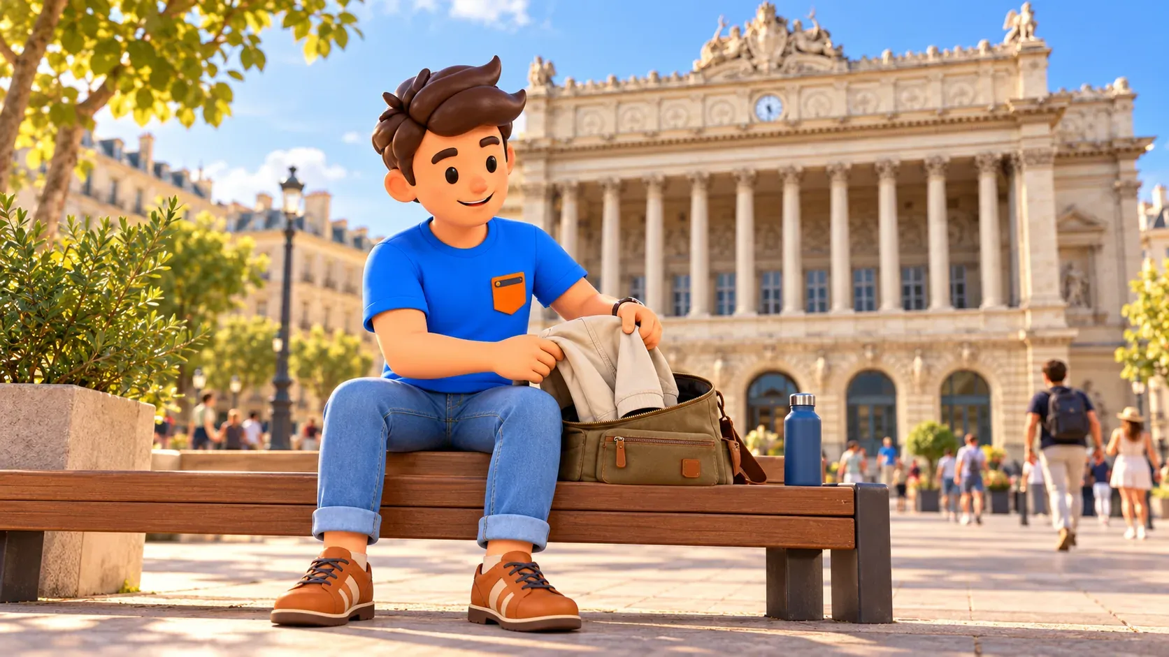 Illustrated traveller folding a jacket into a bag on a bench in an illustrative scene with the Bourse facade behind