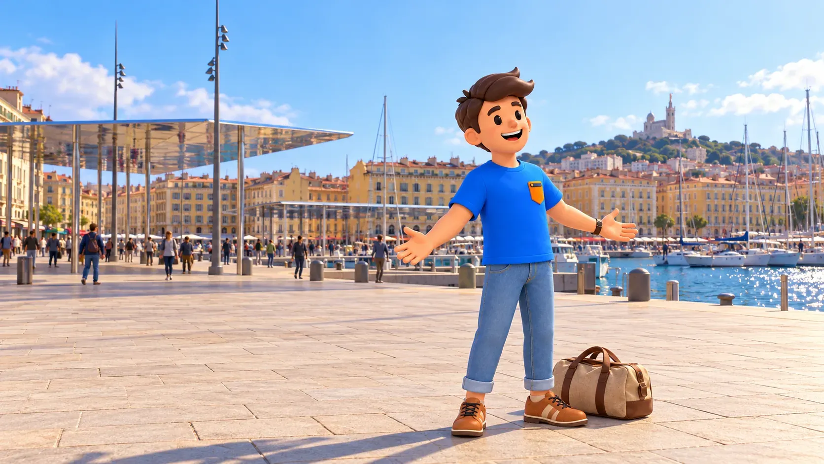 Illustrated traveller opening his arms at a first Old Port view, with the mirrored canopy to one side