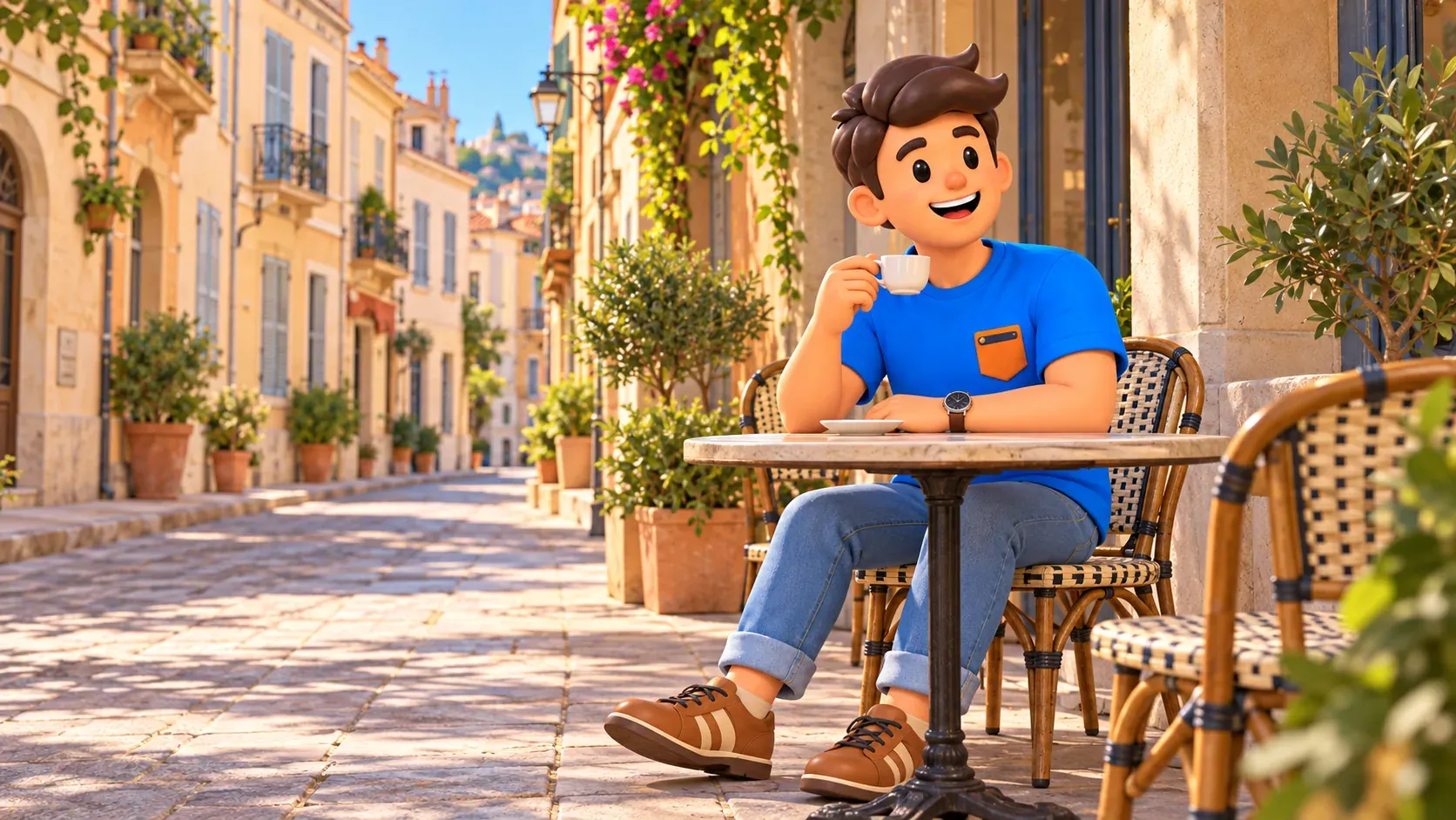 Illustrierter Reisender macht eine Kaffeepause vor beispielhaften Straßenfassaden im Zentrum von Marseille