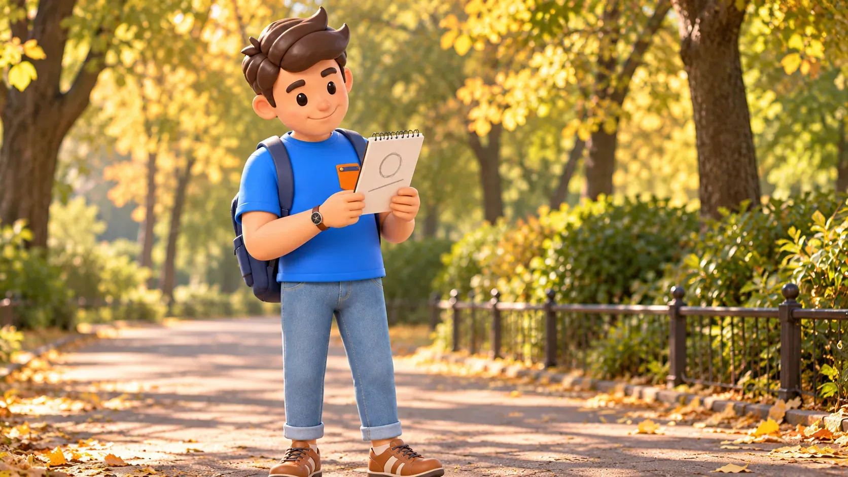 Un voyageur compare des formes simples dans un carnet sur un chemin de parc, illustration 3D